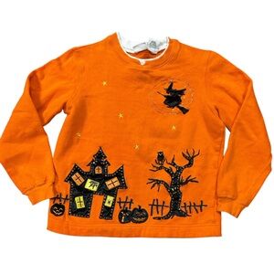 Vintage 90s Halloween Sweatshirt Orange Haunted House Witch Pumpkin Graphic Sz S